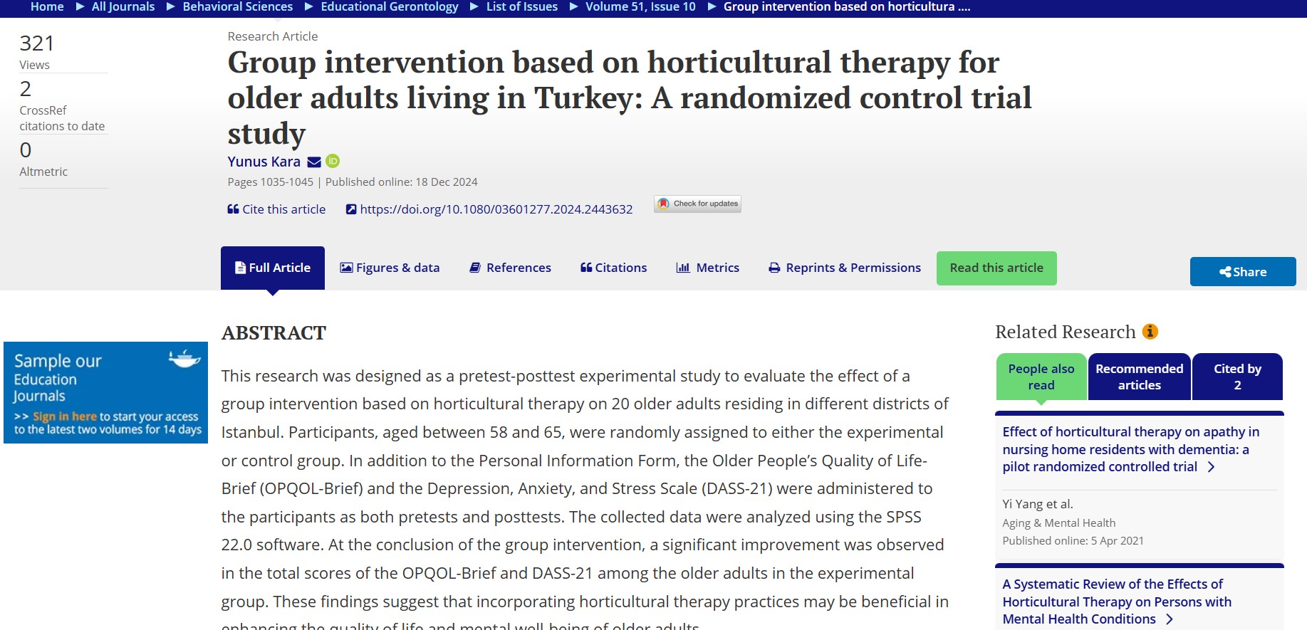 Group intervention based on horticultural therapy for older adults living in Turkey: A randomized control trial study